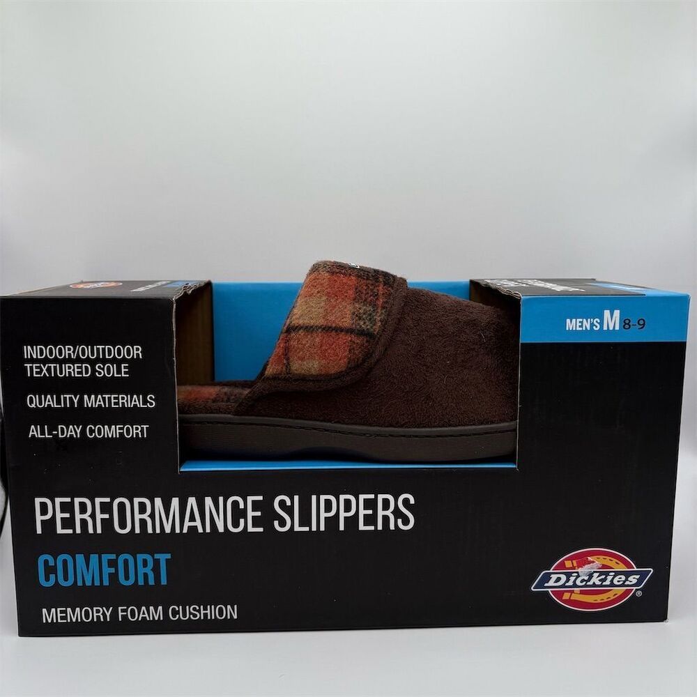 Dickies Men's Brown Plaid Slippers Size M (8-9) Memory Foam Cushion‎